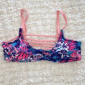 Large Strappy Floral Coral & Blue  Bikini Top